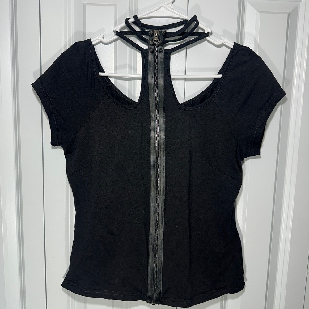 PunkRave Zipper‎ Cage Neck Top Womens XL-2XL Black Goth Cutout Alternative Edgy